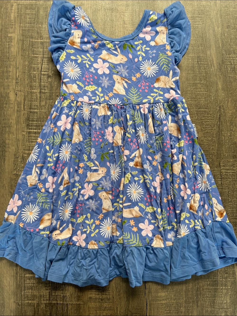 Blue Bunny & Floral Ruffle Bamboo Casual Dress for Girls